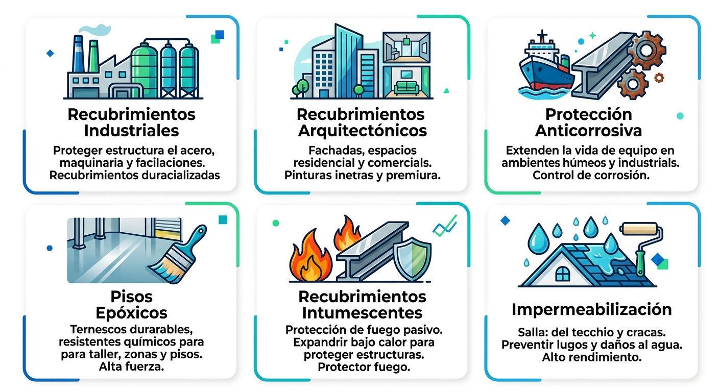 Infografía de cuadrícula con seis tarjetas de servicio de pintura: recubrimientos industriales, arquitectónicos, anticorrosivos, epóxicos, intumescentes e impermeabilización, usando colores azul y verde sobre fondo blanco.