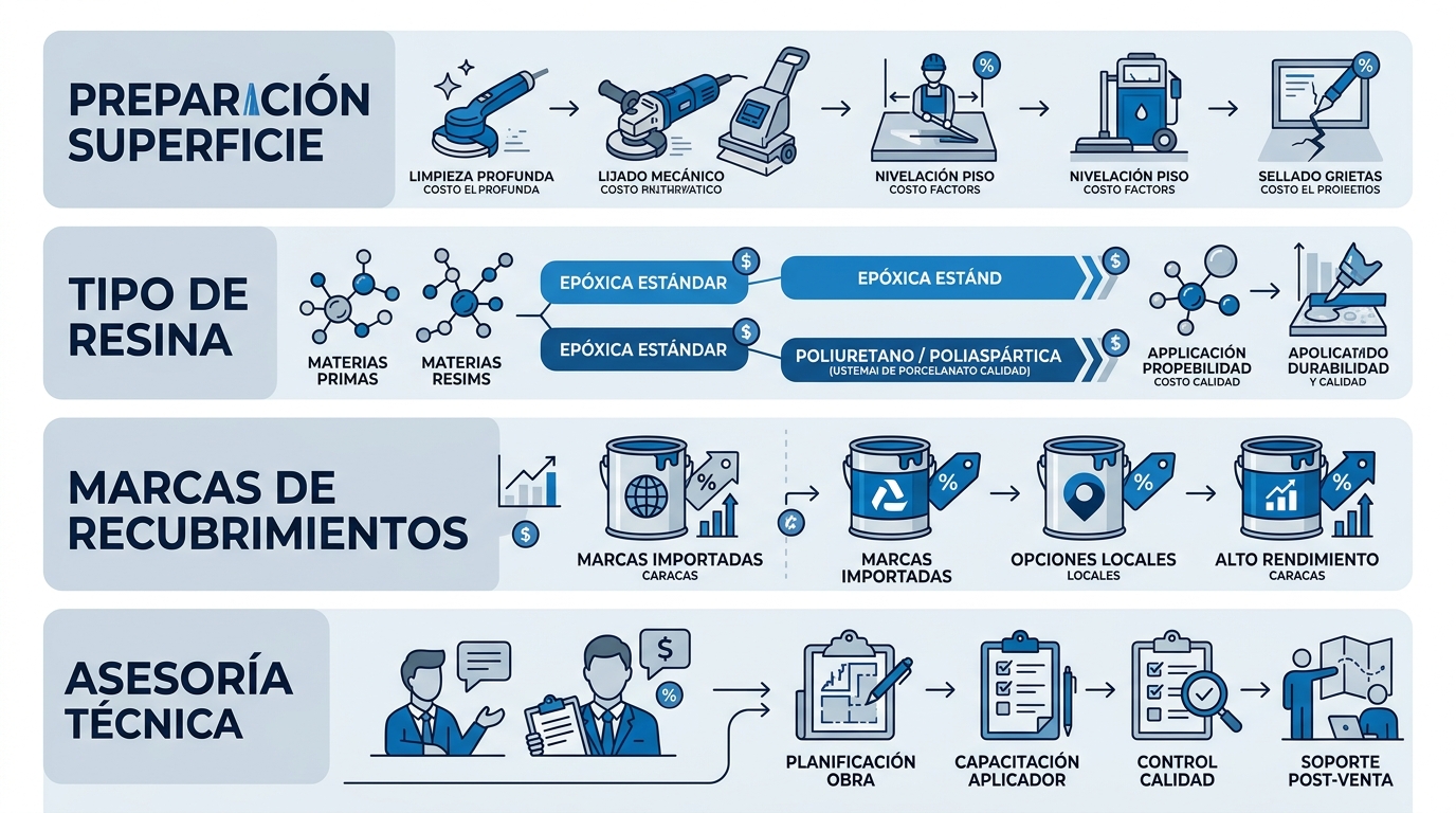 Infografía de costos de pintura epóxica y porcelanato líquido en Caracas con cuatro bloques horizontales: preparación de superficie, tipo de resina, marcas de recubrimientos y asesoría técnica, con íconos y etiquetas