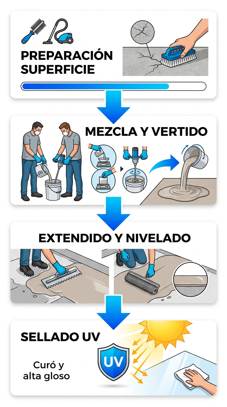 Diagrama de flujo vertical de 4 etapas para instalación de porcelanato líquido: preparación, mezcla y vertido, extendido con llana y rodillo de burbujas, sellado UV