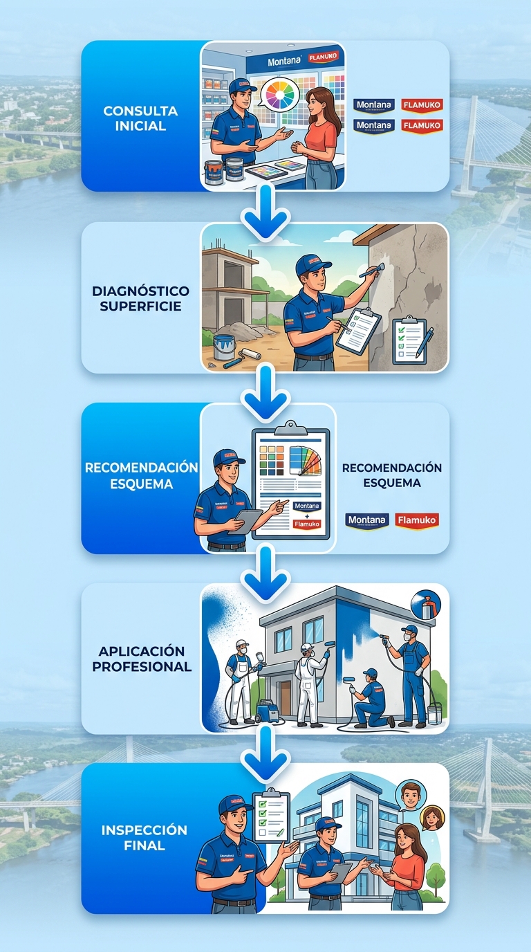 Diagrama de flujo vertical del proceso de asesoría y aplicación de pinturas Montana y Flamuko en Puerto Ordaz, mostrando cinco etapas con flechas descendentes.