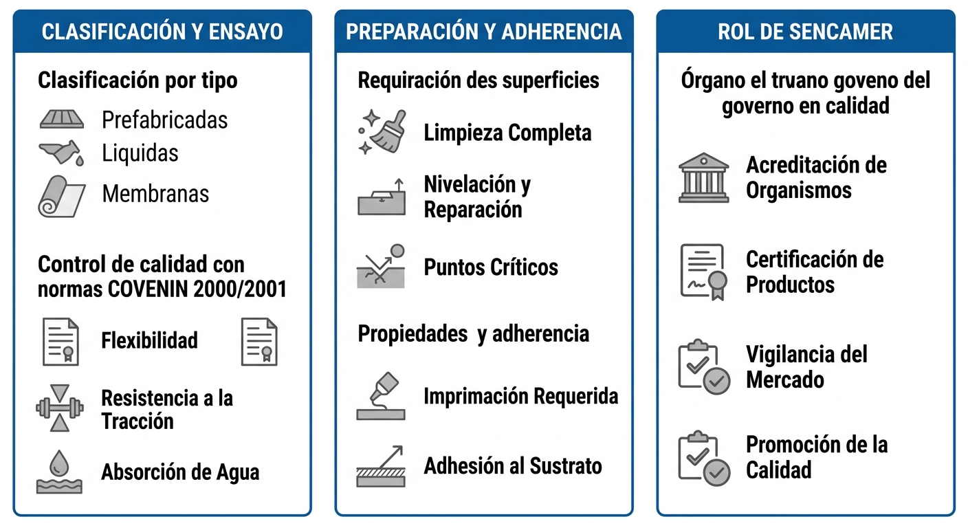 Infografía de normativas Covenin para impermeabilización con tres columnas: clasificación, preparación, y Sencamer.