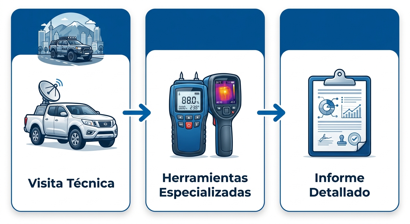 Diagrama de flujo horizontal del proceso de diagn\u00f3stico t\u00e9cnico: tres etapas conectadas con flechas, mostrando visita t\u00e9cnica gratuita, uso de herramientas especializadas e informe detallado con recomendaciones, en colores azul corporativo y blanco.