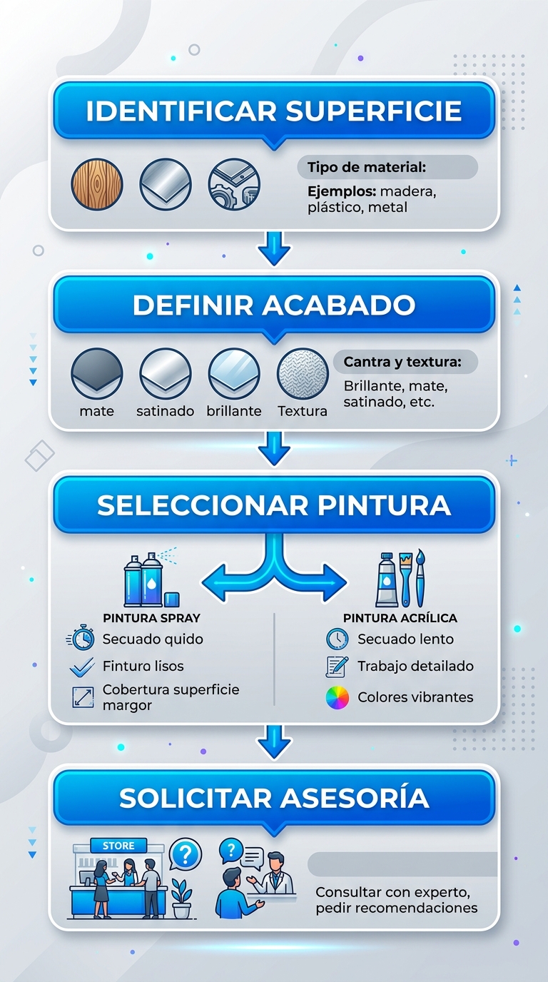 Diagrama de flujo vertical con cuatro etapas: identificar superficie, definir acabado, seleccionar pintura y solicitar asesor\u00eda, con iconos y flechas descendentes