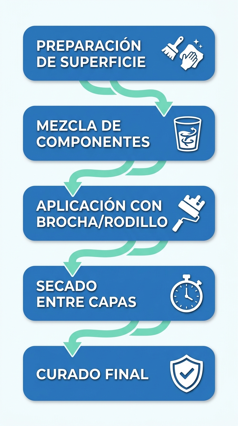 Diagrama de flujo vertical de cinco etapas para la aplicación de esmaltes y pinturas elastoméricas