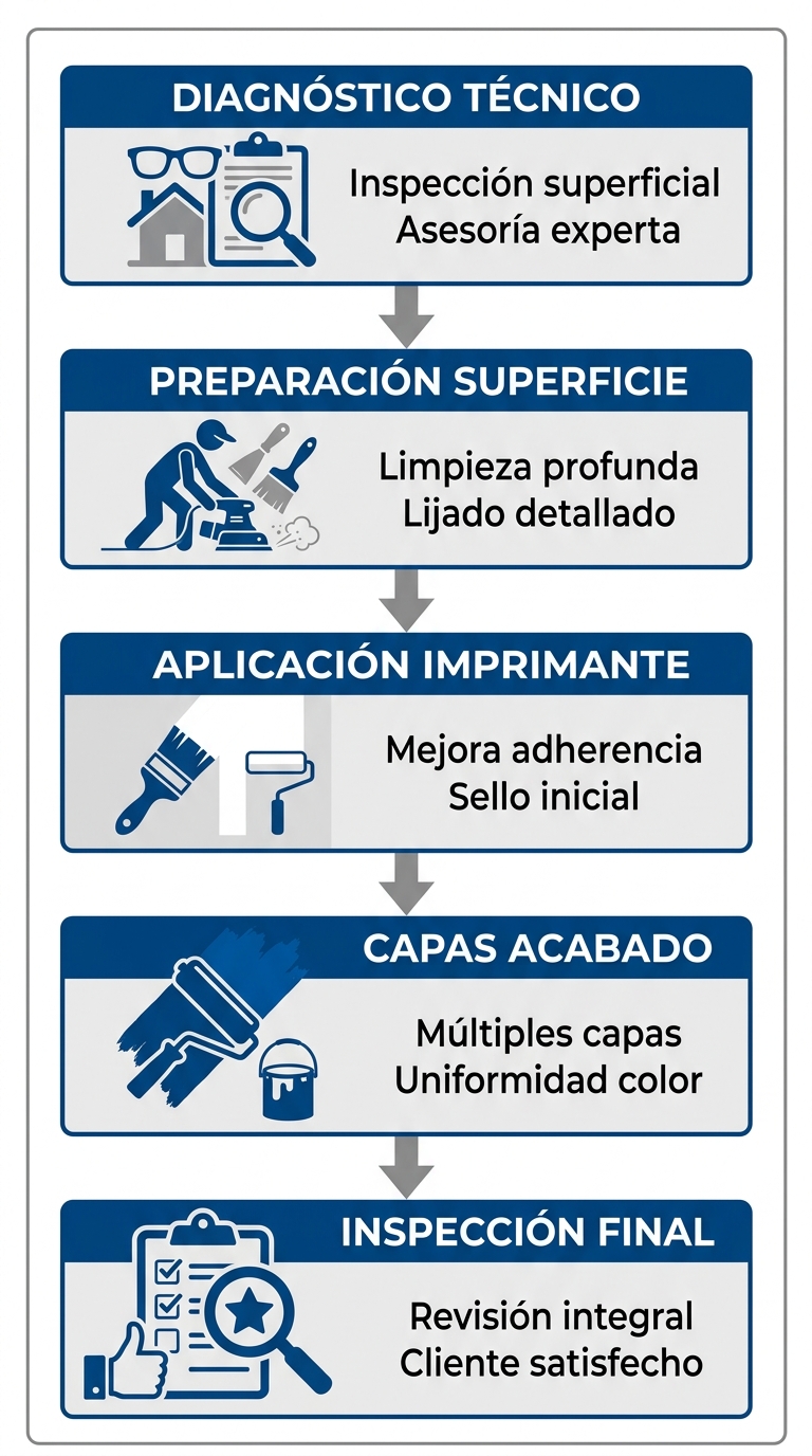Diagrama de flujo vertical del proceso de servicio profesional de pintura mostrando cinco etapas desde diagnóstico hasta inspección final.