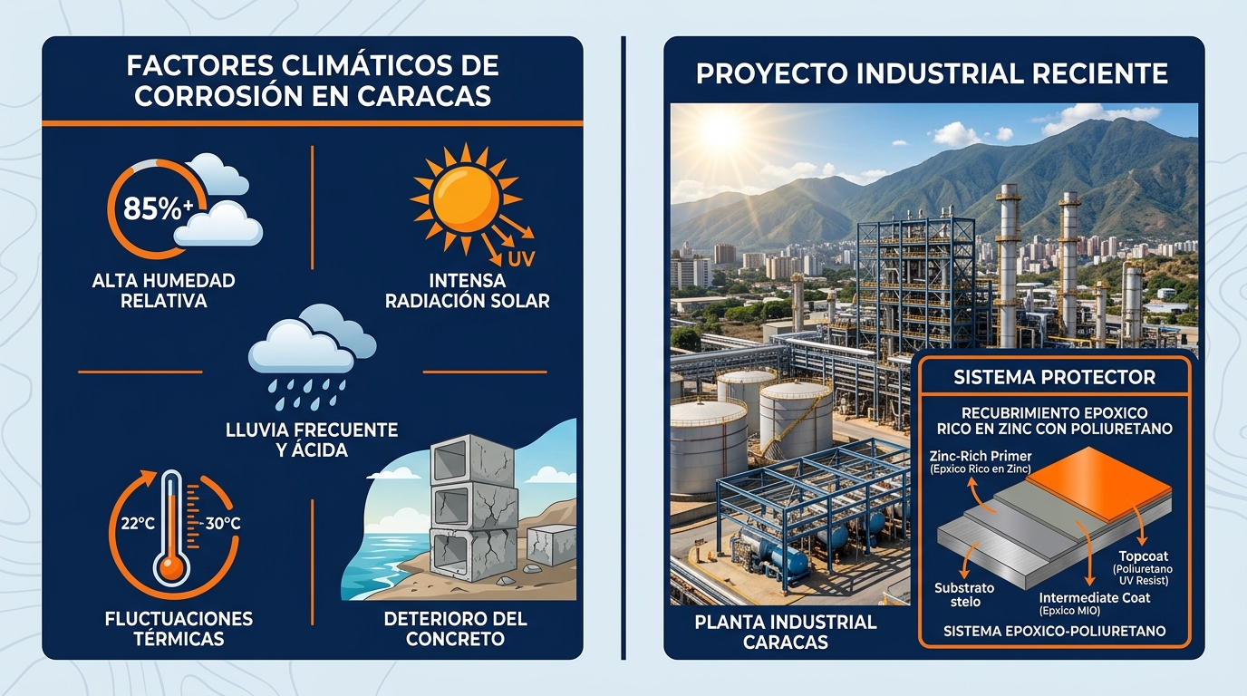 Infografía de factores climáticos que afectan la corrosión en Caracas y proyecto industrial con sistema epóxico.