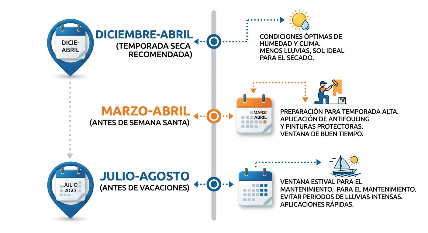 Línea de tiempo vertical con tres marcadores estacionales para aplicar pintura marina en Venezuela: diciembre-abril, marzo-abril y julio-agosto, con íconos de calendario y notas de condiciones óptimas.