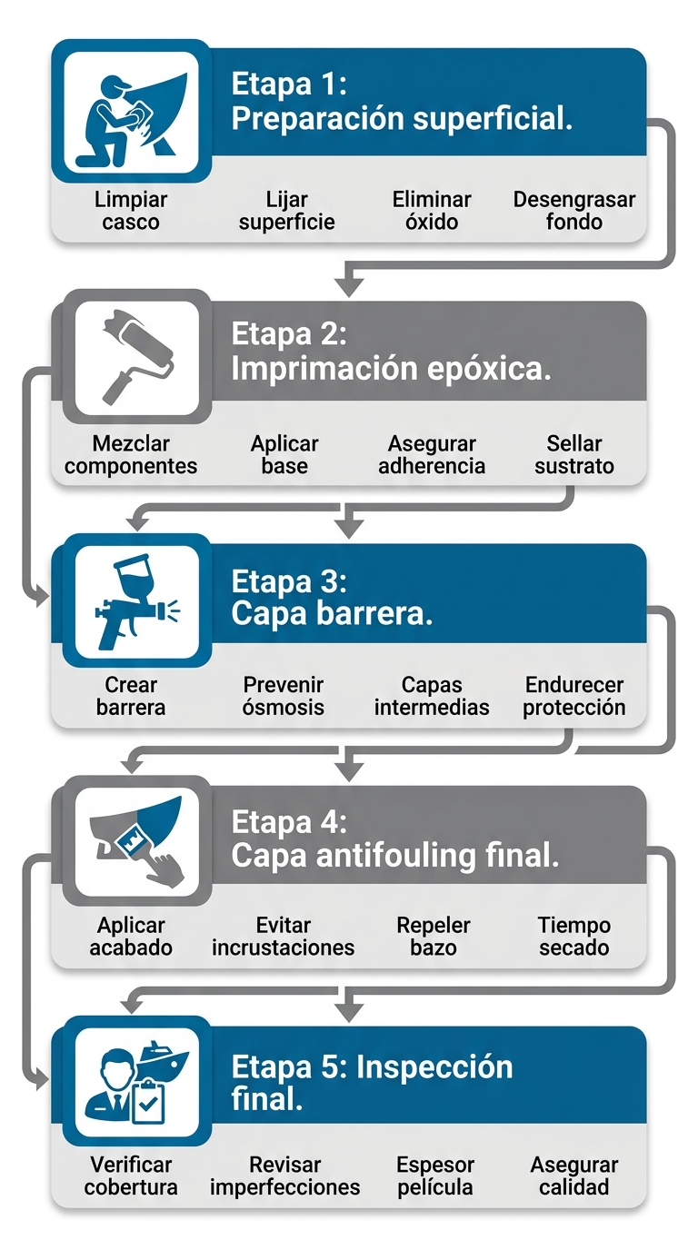 Diagrama de flujo vertical del proceso de aplicación de pintura antifouling para barcos, con cinco pasos numerados y flechas conectando cada etapa