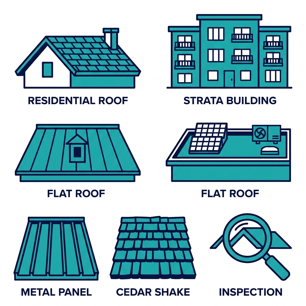 Set of six flat icons showing residential roof, strata building, flat roof, metal panel, cedar shake, and inspection magnifying glass, with teal and navy colors on white background.