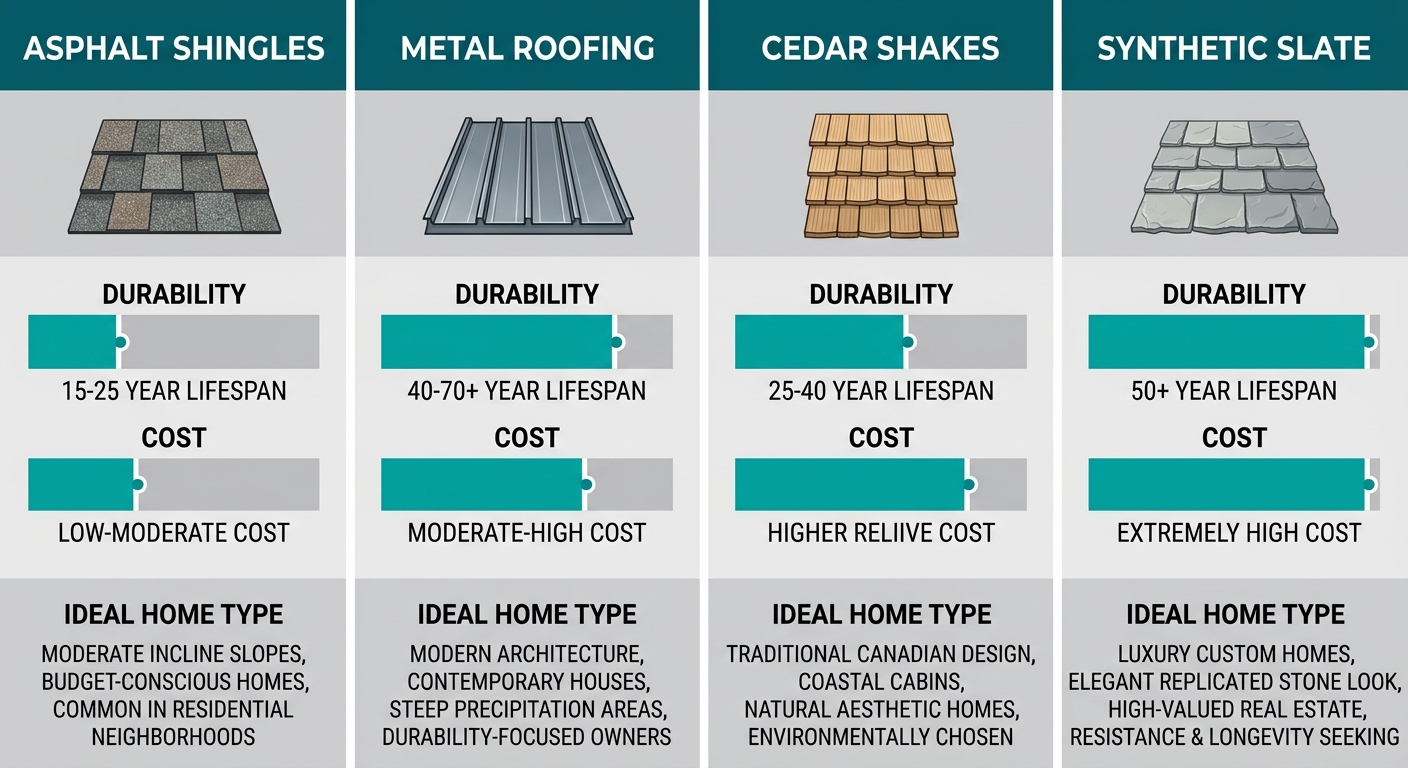 Infographic comparing four roofing materials suitable for West Vancouver's coastal climate