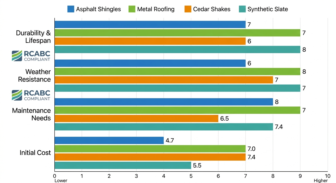 Horizontal bar chart comparing four roofing materials: asphalt shingles, metal roofing, cedar shakes, and synthetic slate across durability, cost, best use, and maintenance frequency categories, with a legend at top right.
