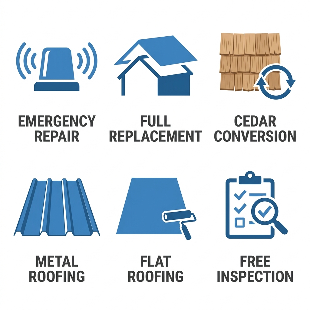 Icon grid showing six roofing services with labels