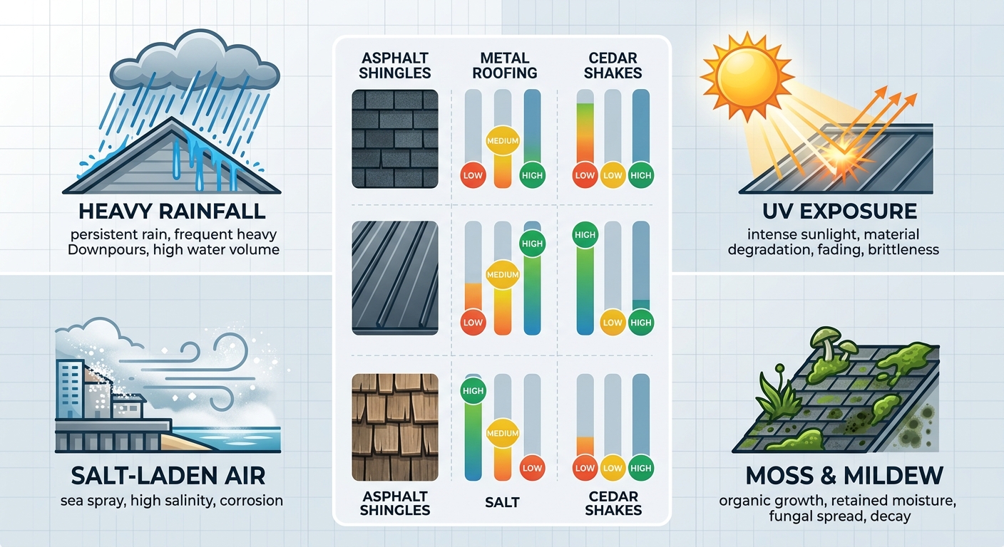 Infographic illustrating how Delta's coastal climate with four zones (rainfall, salt air, UV, moss) affects durability of asphalt, metal, and cedar roofing materials