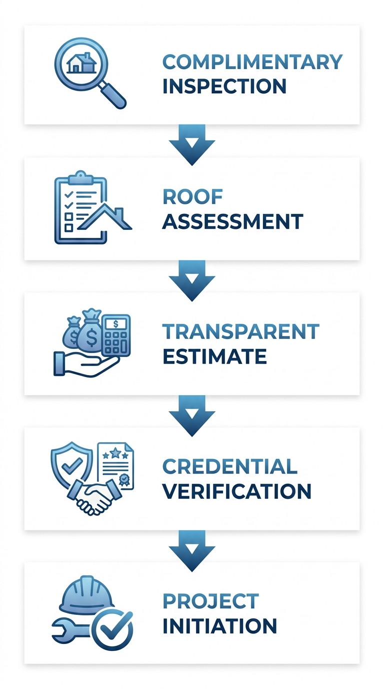 Vertical process flow for starting a roofing project in Delta, BC showing five stages from inspection to project initiation