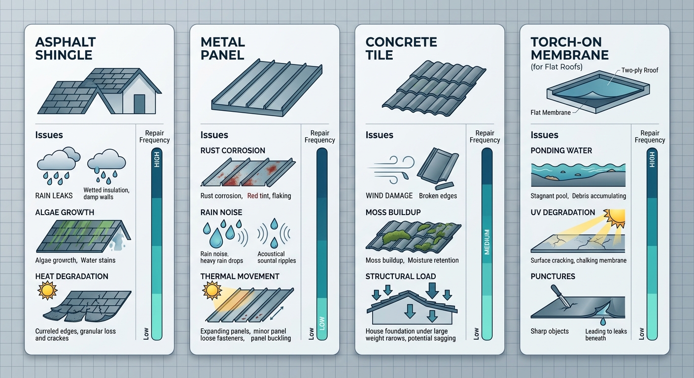 Infographic comparing four roof types: Asphalt Shingles, Metal Roofing, Flat Roof, Cedar Shakes, with climate issues and repair frequency indicators.