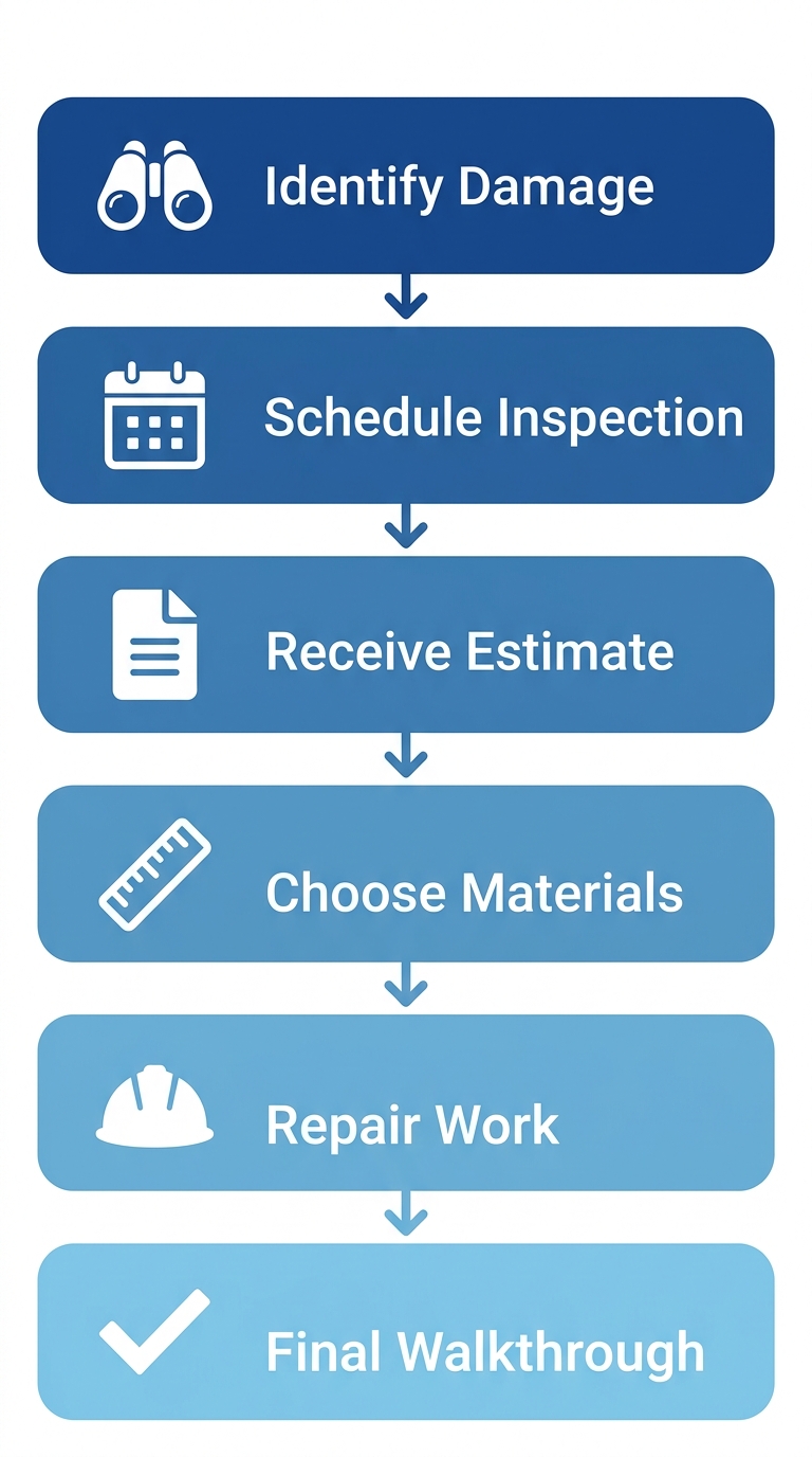 Vertical process flow diagram for roof repair in Delta, BC showing six stages from damage identification to final walkthrough