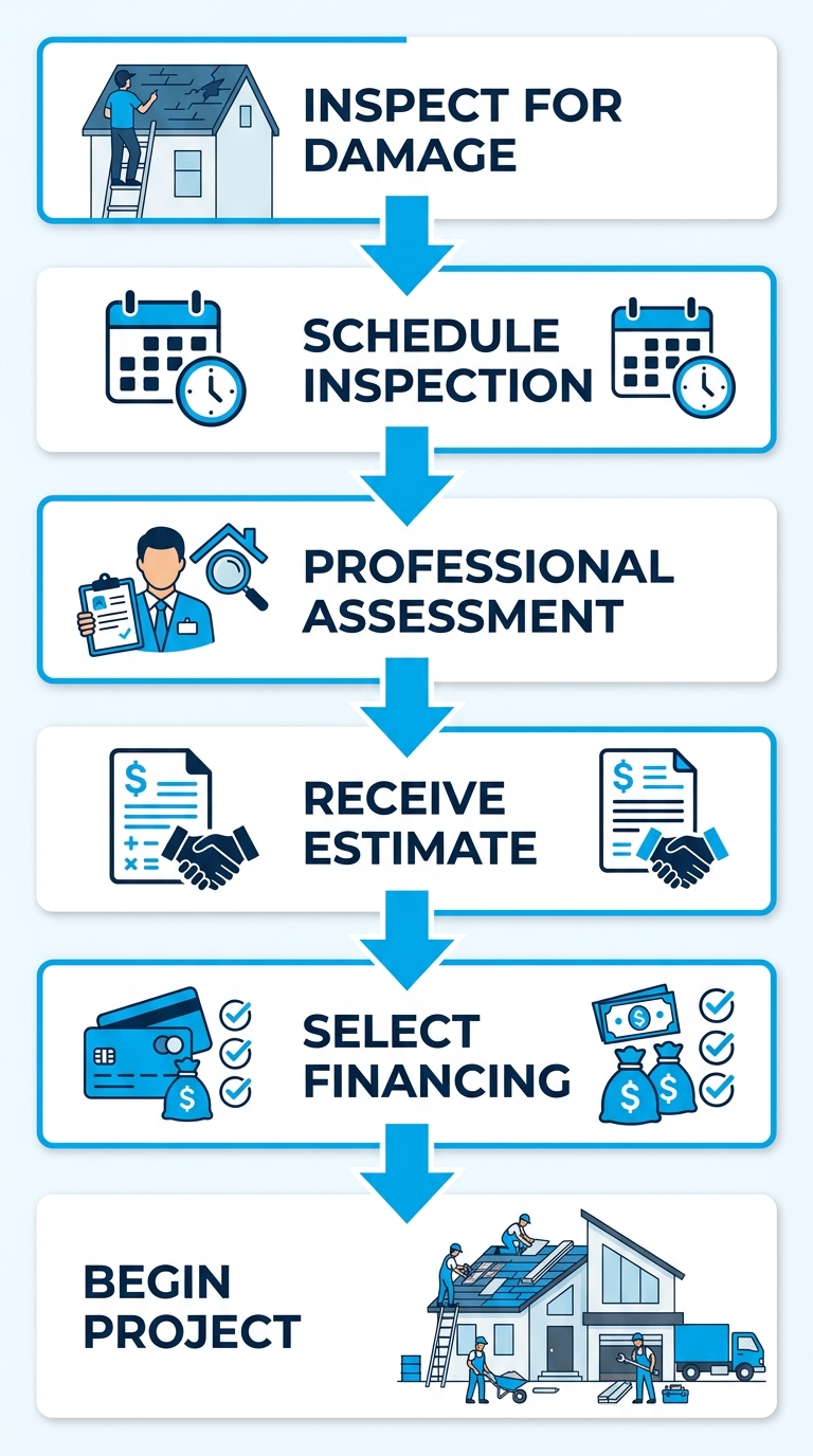 Vertical process flow diagram showing six steps to start a roofing project in West Vancouver: inspect, schedule, assessment, estimate, financing, begin.