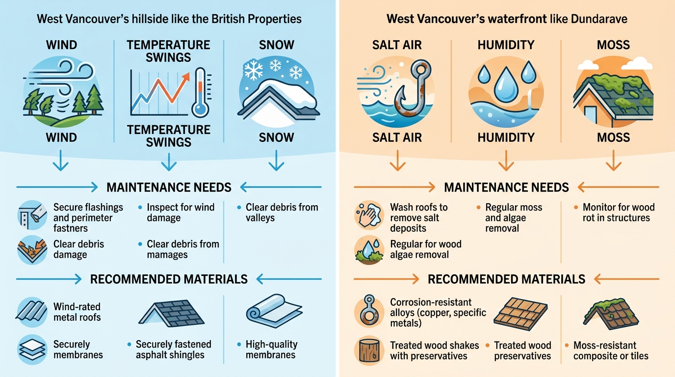 Comparison infographic of roofing considerations for hillside and waterfront areas of West Vancouver, with icons and maintenance tips.