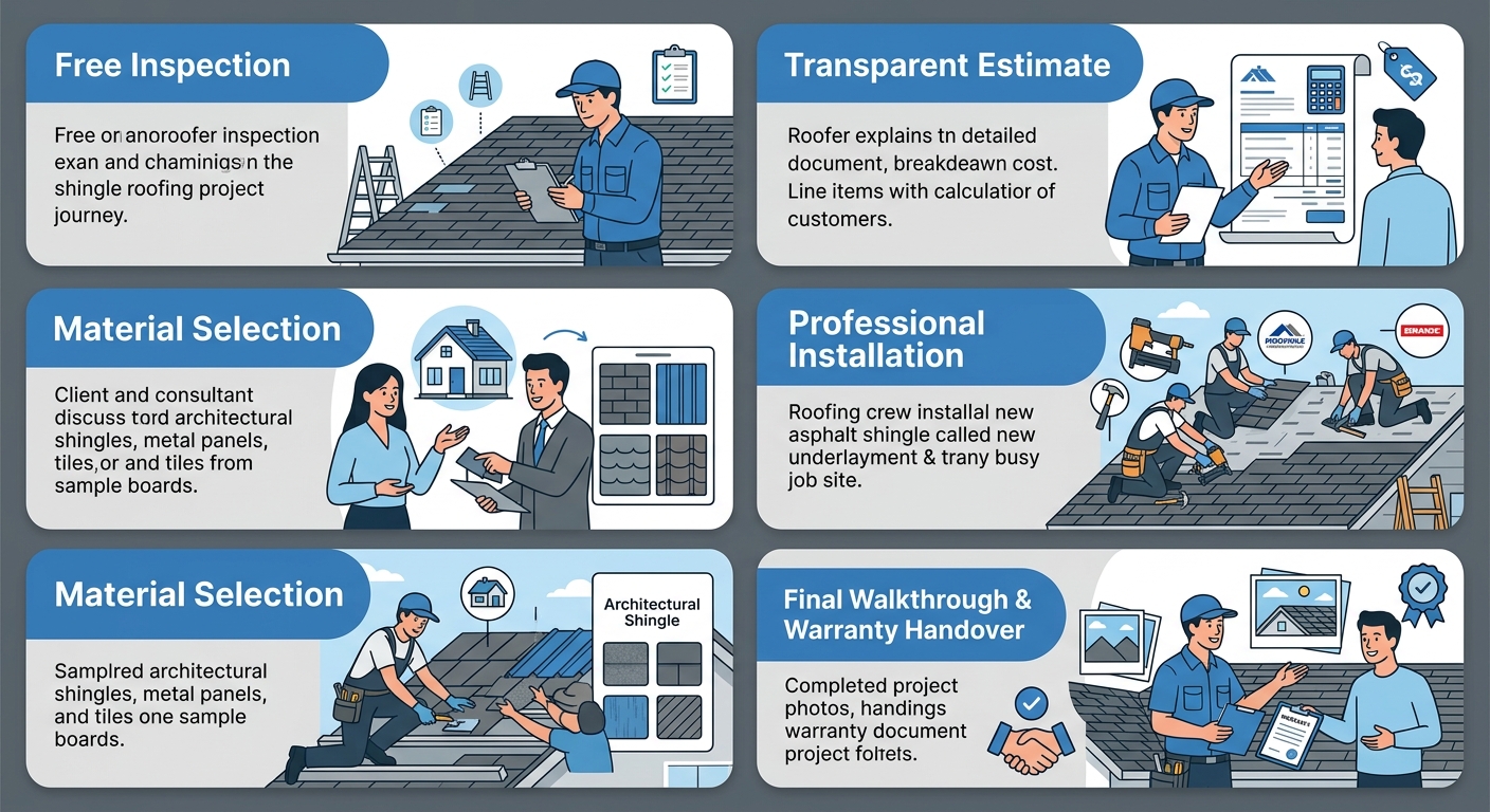 Vertical process flow showing five stages of a roofing project from inspection to warranty handover, with blue and grey color scheme.