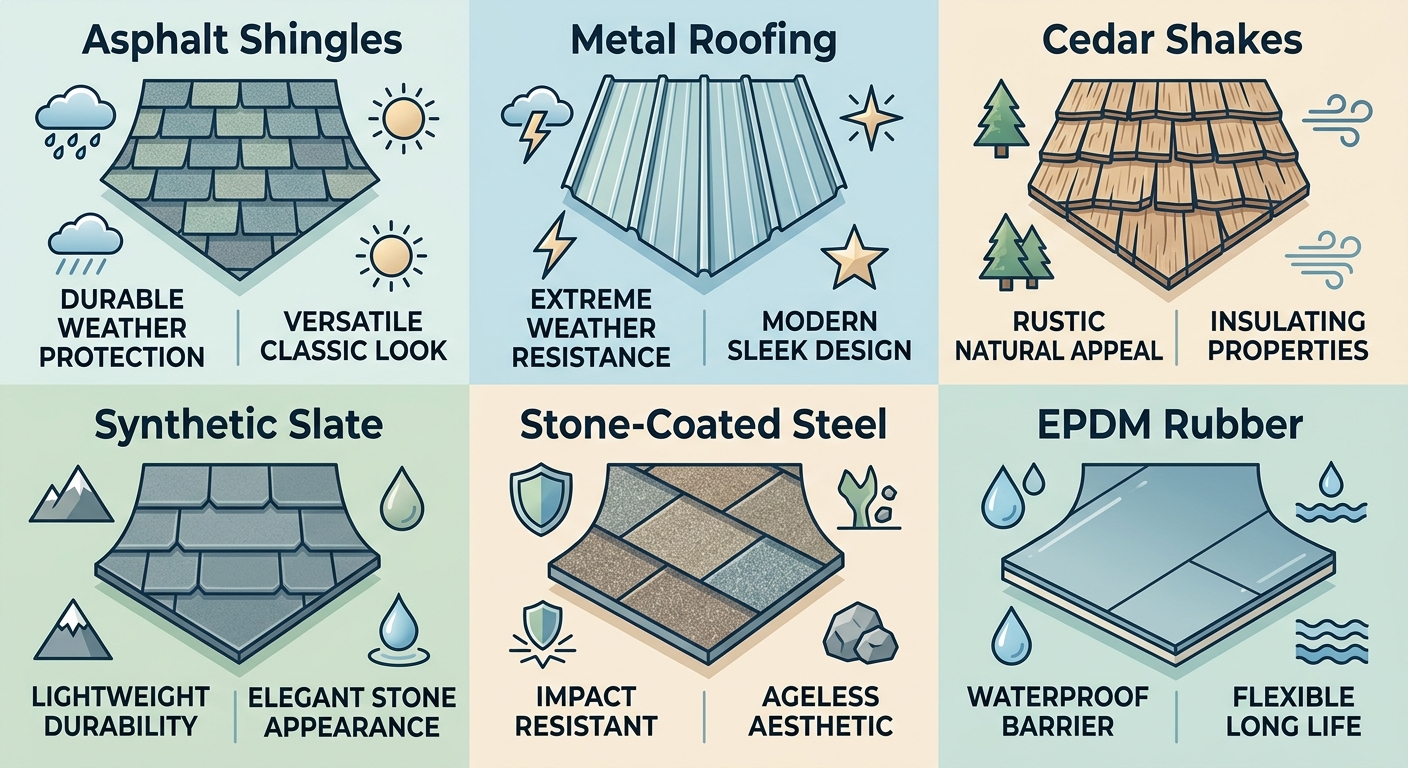 Infographic showing six common roofing materials for Delta's coastal climate with labels for weather resistance and aesthetic appeal.