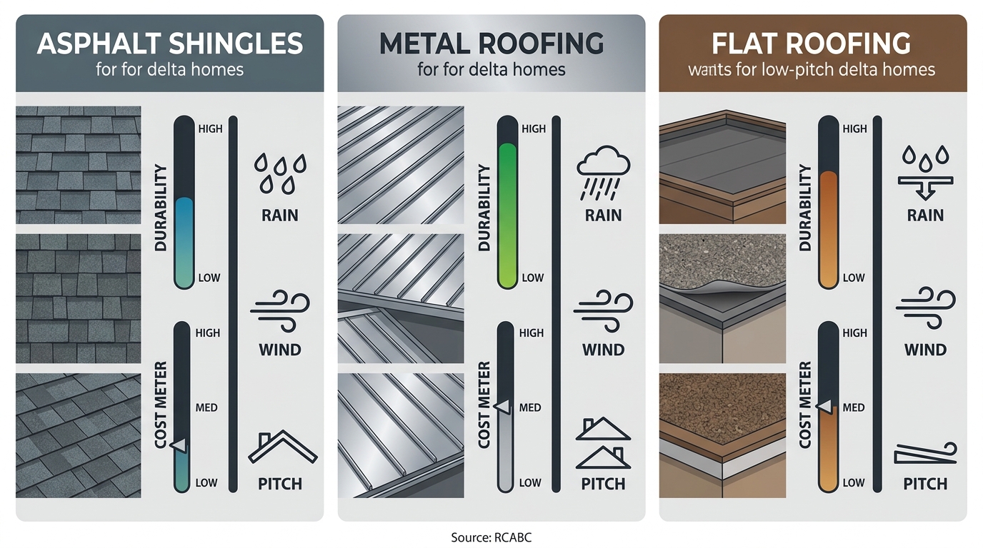 Side-by-side comparison of three roofing materials for Delta homes: Asphalt Shingles, Metal Roofing, and Flat Roofing, with durability color bars and cost meters, climate icons for rain, wind, and pitch, and RCABC source label.