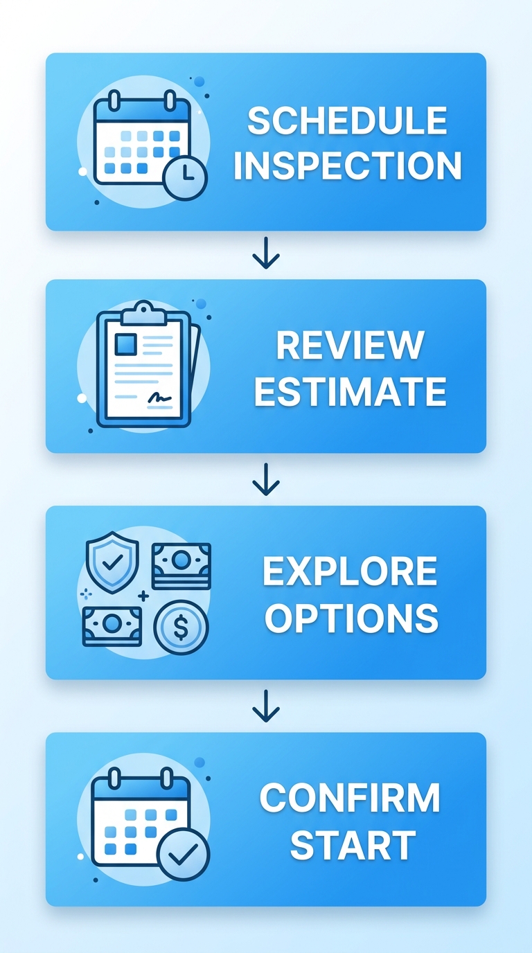 Vertical 4-step process flow for starting a Delta roofing project with Paragon Roofing BC: Schedule Inspection, Review Estimate, Explore Options, Confirm Start