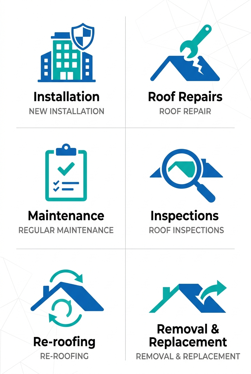 Grid of 6 icons representing commercial roofing services including installation, repair, maintenance, inspections, re-roofing, and removal and replacement for Paragon Roofing BC in Delta.