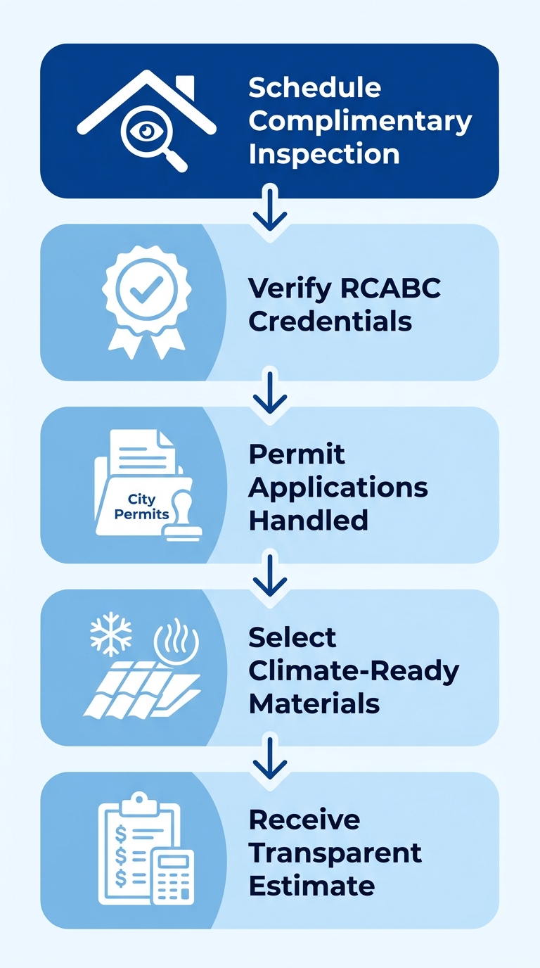 Vertical process flow diagram with five stages for starting a commercial roofing project in Delta, BC. Stage labels: Schedule Complimentary Inspection, Verify RCABC Credentials, Permit Applications Handled, Select Climate-Ready Materials, Receive Transparent Estimate.