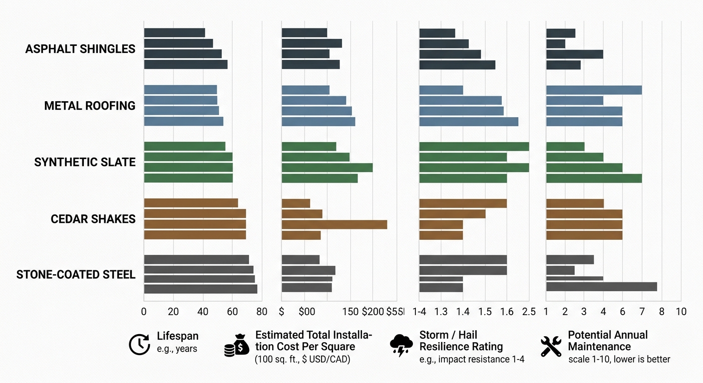 Grouped horizontal bar chart comparing five roofing materials across climate suitability, lifespan, cost, and maintenance levels