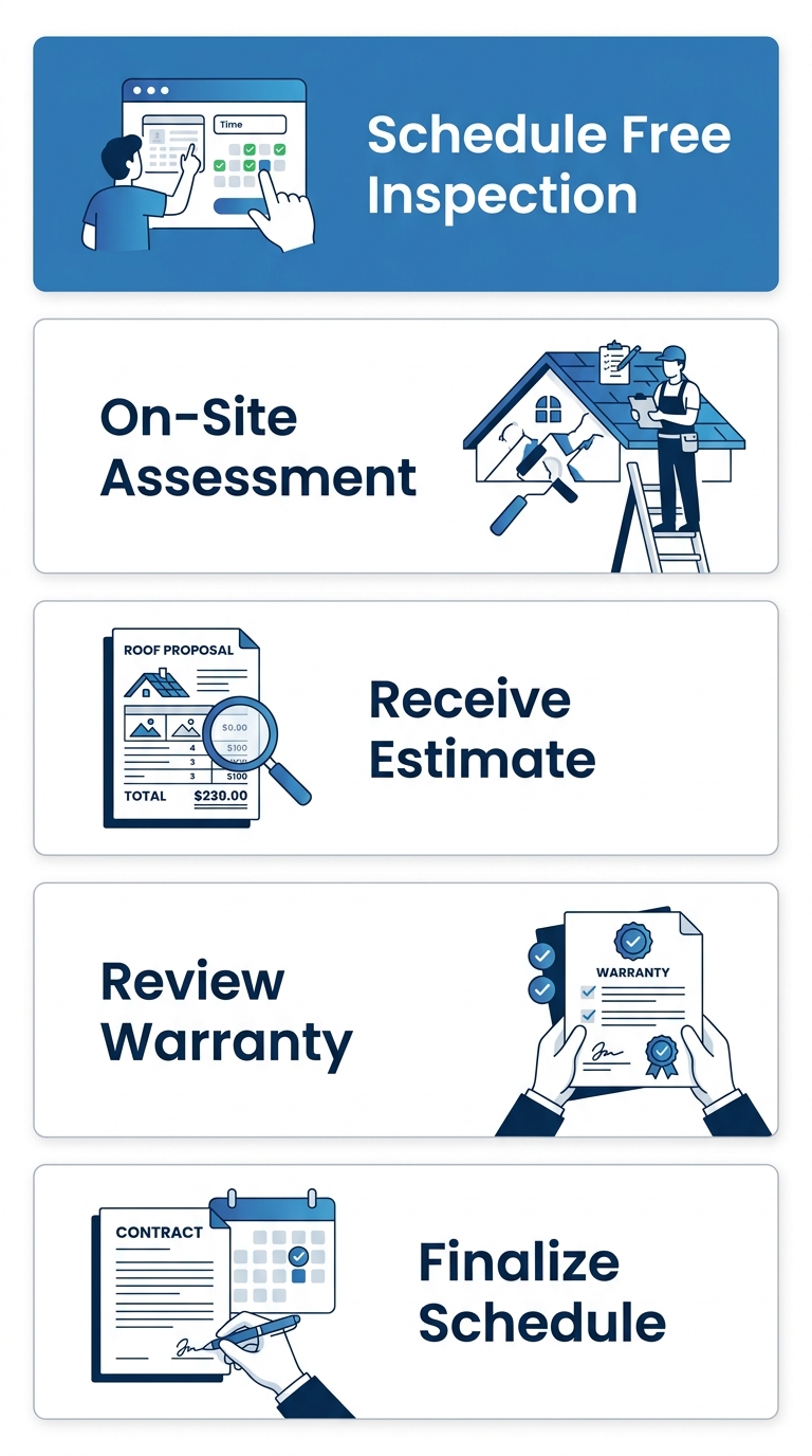 Vertical process flow showing five steps to start a roofing project: schedule free inspection, on-site assessment, receive estimate, review warranty, finalize schedule.