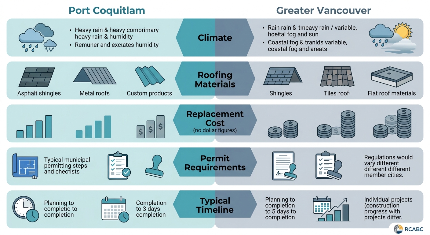 Infographic comparing Port Coquitlam and Greater Vancouver roofing considerations across climate, materials, cost, permits, and timeline with icons and RCABC logo