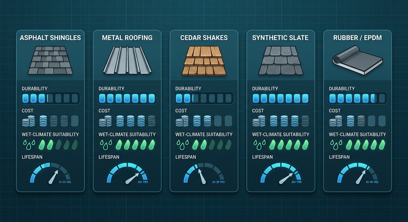 Infographic comparing five roofing materials for wet climate with durability, cost, suitability, and lifespan metrics.