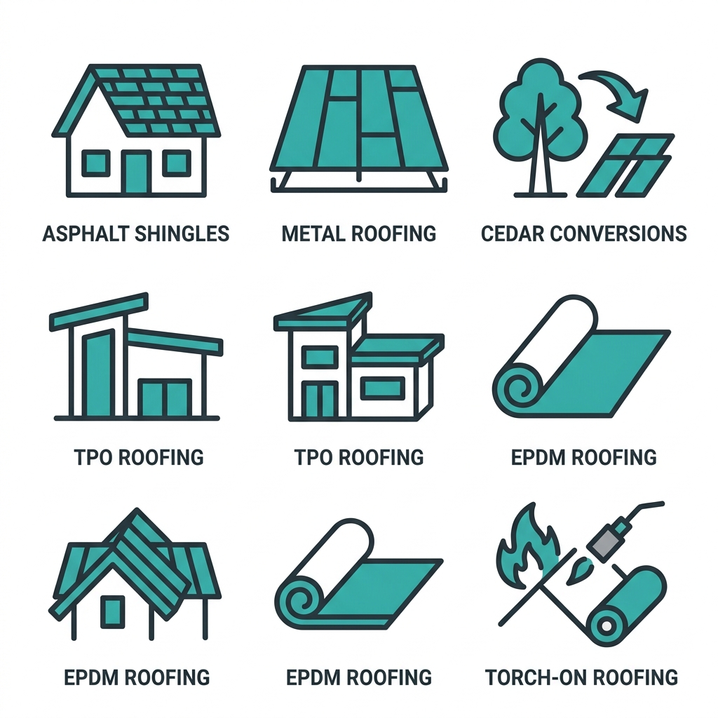 Six residential and commercial roofing service icons including asphalt shingles, metal roofing, cedar conversions, TPO, EPDM, and torch-on roofing in modern flat style with teal accents.