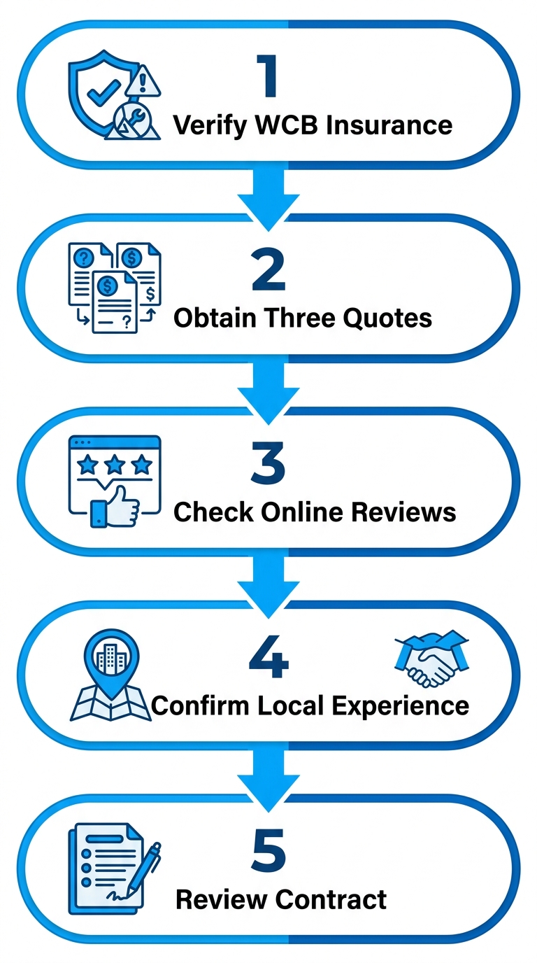 Five-step vertical process for hiring a roofing company in Port Coquitlam, featuring icons for verification steps