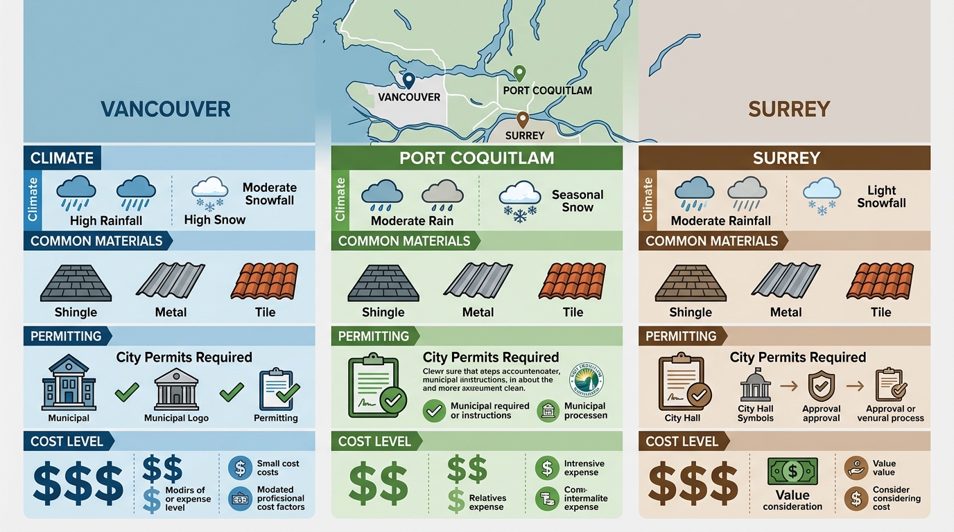 Infographic comparing roofing factors across Port Coquitlam, Vancouver, and Surrey with city columns, icons for climate and materials, and a Lower Mainland map at the top