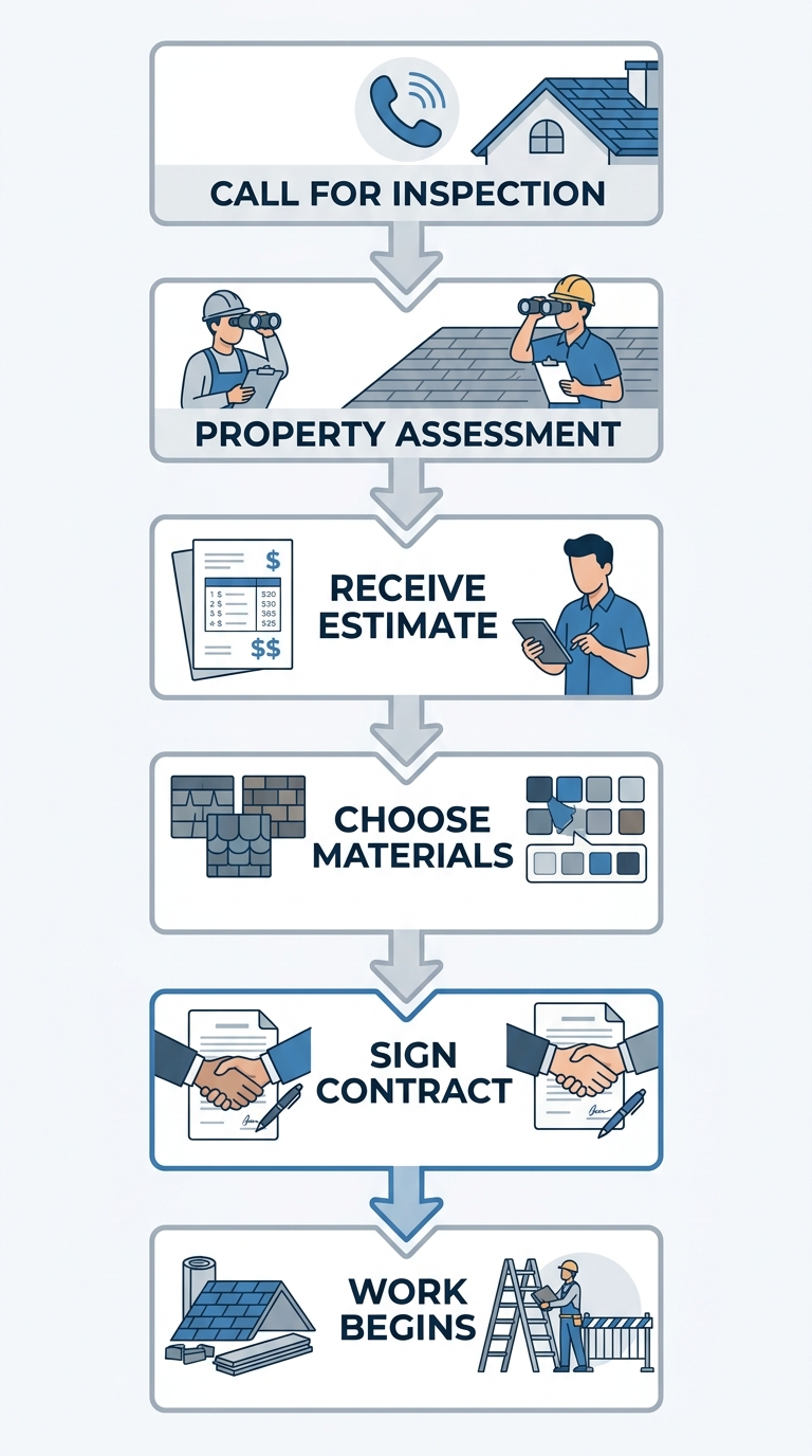 Six-step vertical process flow for starting a roofing project in Port Coquitlam, showing stages from initial call to work commencement with blue and grey icons.