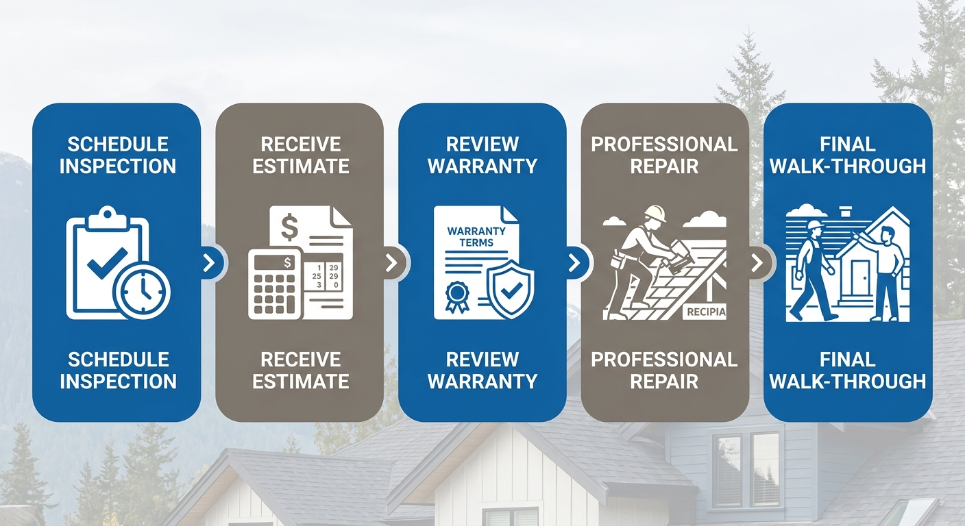 Five-step horizontal process flow for roof repair services by Paragon Roofing BC in Port Coquitlam.