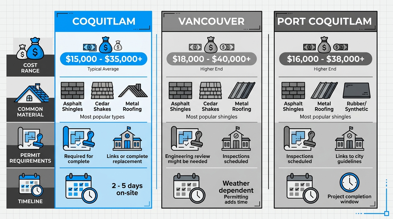 Comparison infographic of roof replacement aspects for Coquitlam, Vancouver, and Port Coquitlam