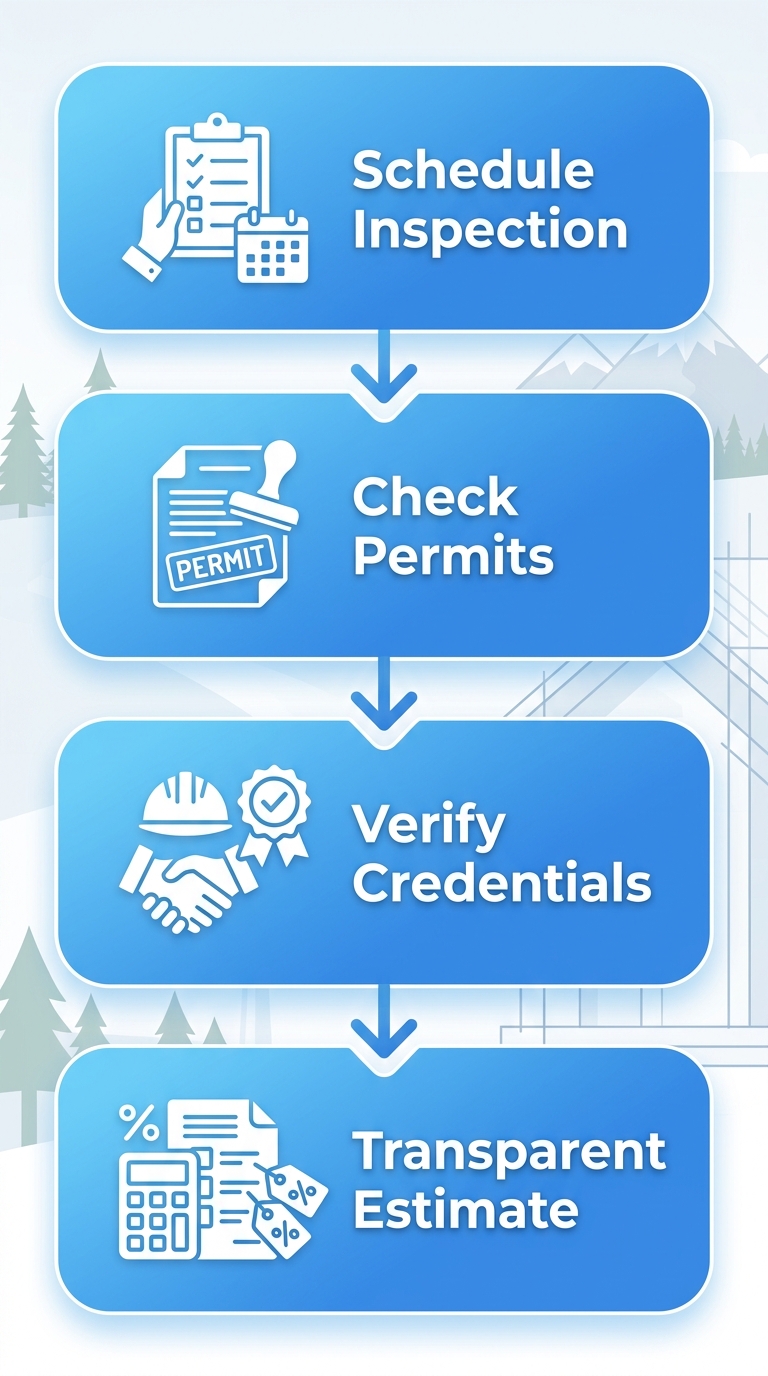 Vertical process flow diagram of four steps for starting a roof replacement project in Coquitlam: schedule free inspection, check building permits, verify contractor credentials, and receive transparent estimate, using blue gradient cards and white icons.