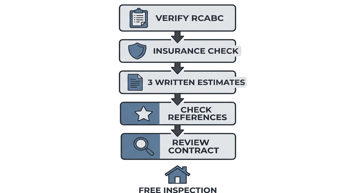 Five-step vertical process flow for hiring a roofer in Port Coquitlam: Verify RCABC, insurance check, three written estimates, check references, review contract, with connecting arrows and a free inspection icon.
