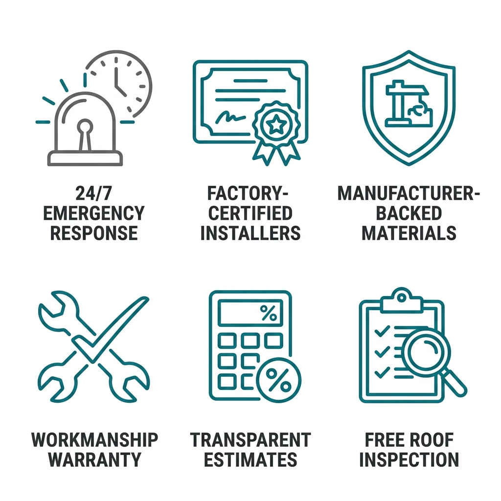Grid of six teal outline icons representing roof repair service features: emergency response, certified installers, manufacturer-backed materials, workmanship warranty, transparent estimates, and free roof inspection, with dark grey labels.