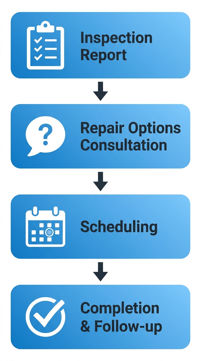 Vertical process flow diagram showing four steps from roof inspection to repair at Paragon Roofing BC, with icons for inspection report, consultation, scheduling, and completion in gradient blue rounded rectangles connected by downward arrows.