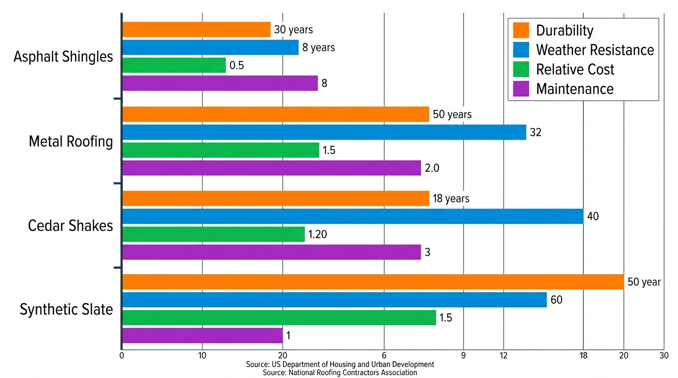Horizontal grouped bar chart comparing four roofing materials across durability, weather resistance, cost, and maintenance.