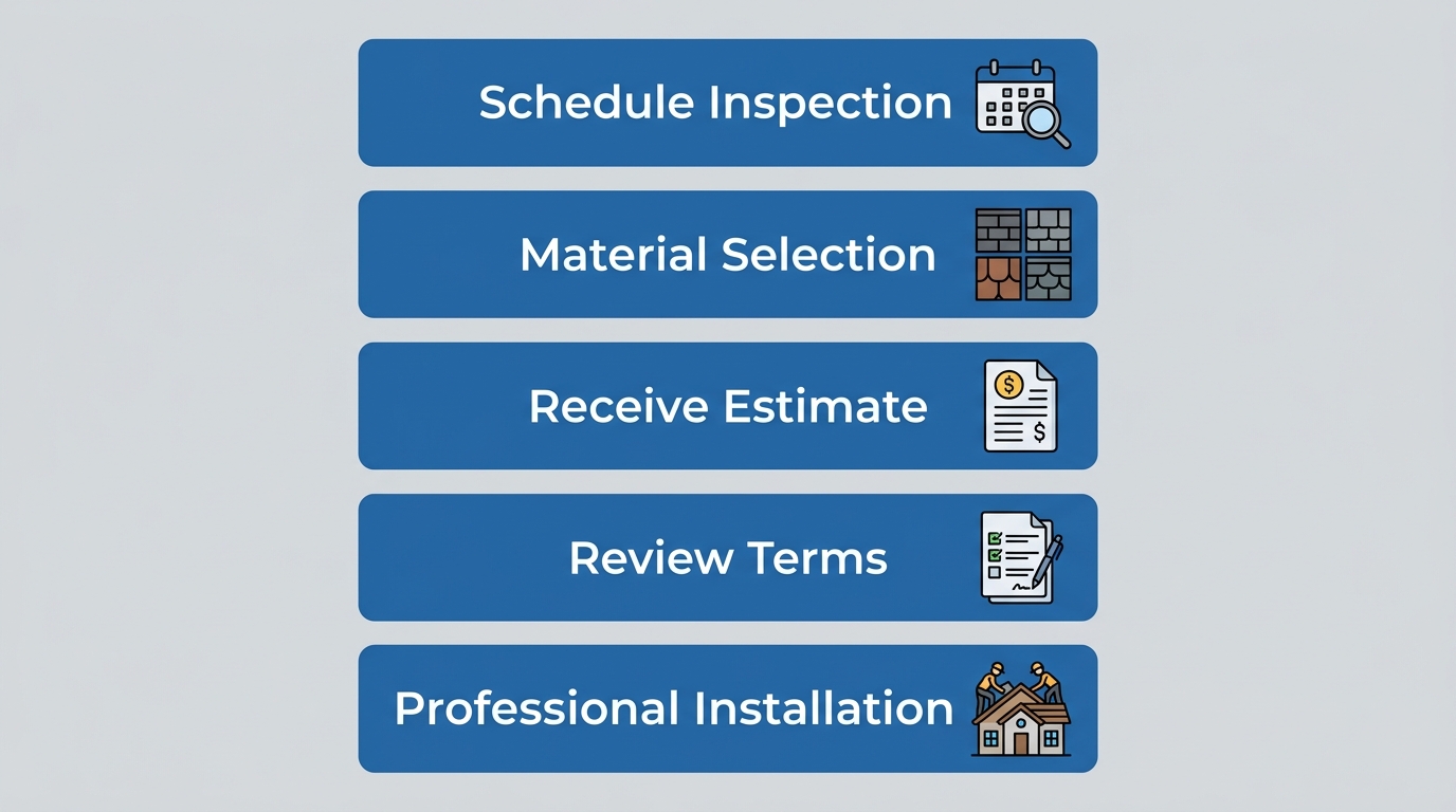 Vertical process flow diagram with five connected stages for roof installation project: Schedule Inspection, Material Selection, Receive Estimate, Review Terms, and Professional Installation, using blue and gray colors.