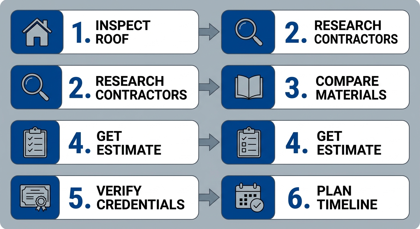 Vertical process flow diagram illustrating six steps to begin a flat roof replacement project with Paragon Roofing BC: Professional Inspection, Research Contractors, Understand Materials, Get Written Estimate, Verify Credentials, and Plan Timeline. Each step shown as a rounded rectangle with an icon and short label, connected by arrows.
