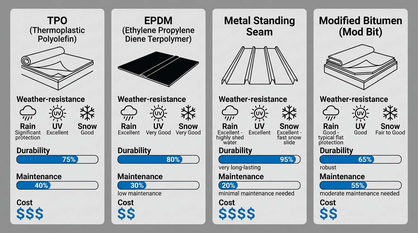 Infographic comparing four commercial roof types for Vancouver's climate: TPO, EPDM, metal standing seam, modified bitumen, with weather-resistance, durability, maintenance, and cost indicators using blue and grey colour scheme.