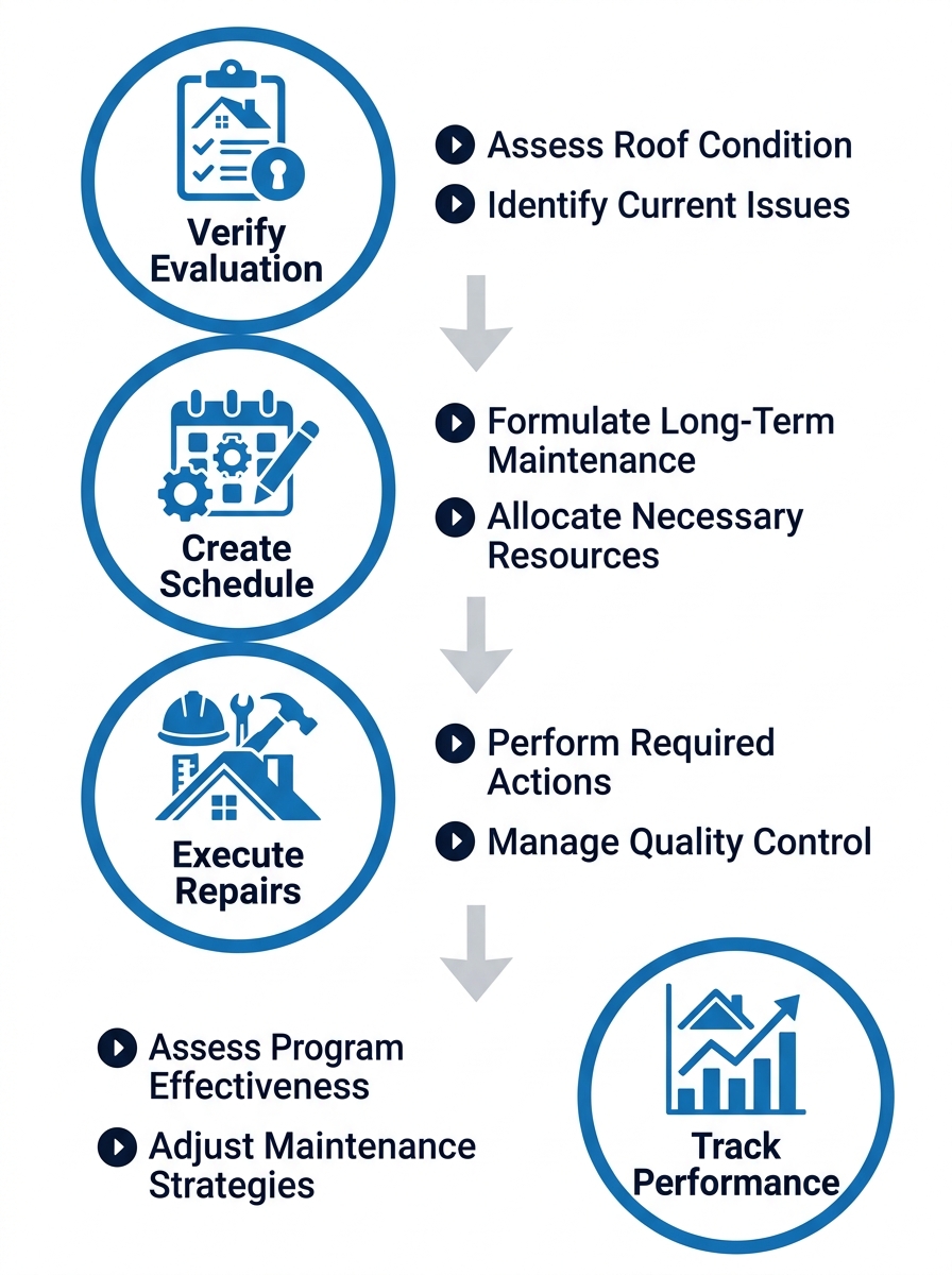 Process flow diagram illustrating four steps to launch a commercial roof maintenance program: Evaluate Condition, Plan Schedule, Implement Repairs, Monitor Progress