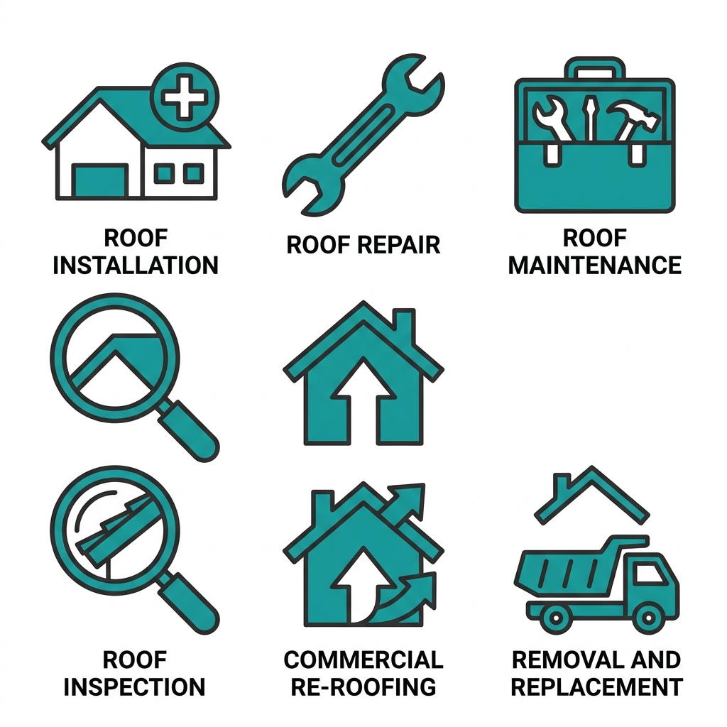 A grid of six flat icons for commercial roofing services: installation, repair, maintenance, inspection, re-roofing, and removal and replacement, with labels beneath each icon