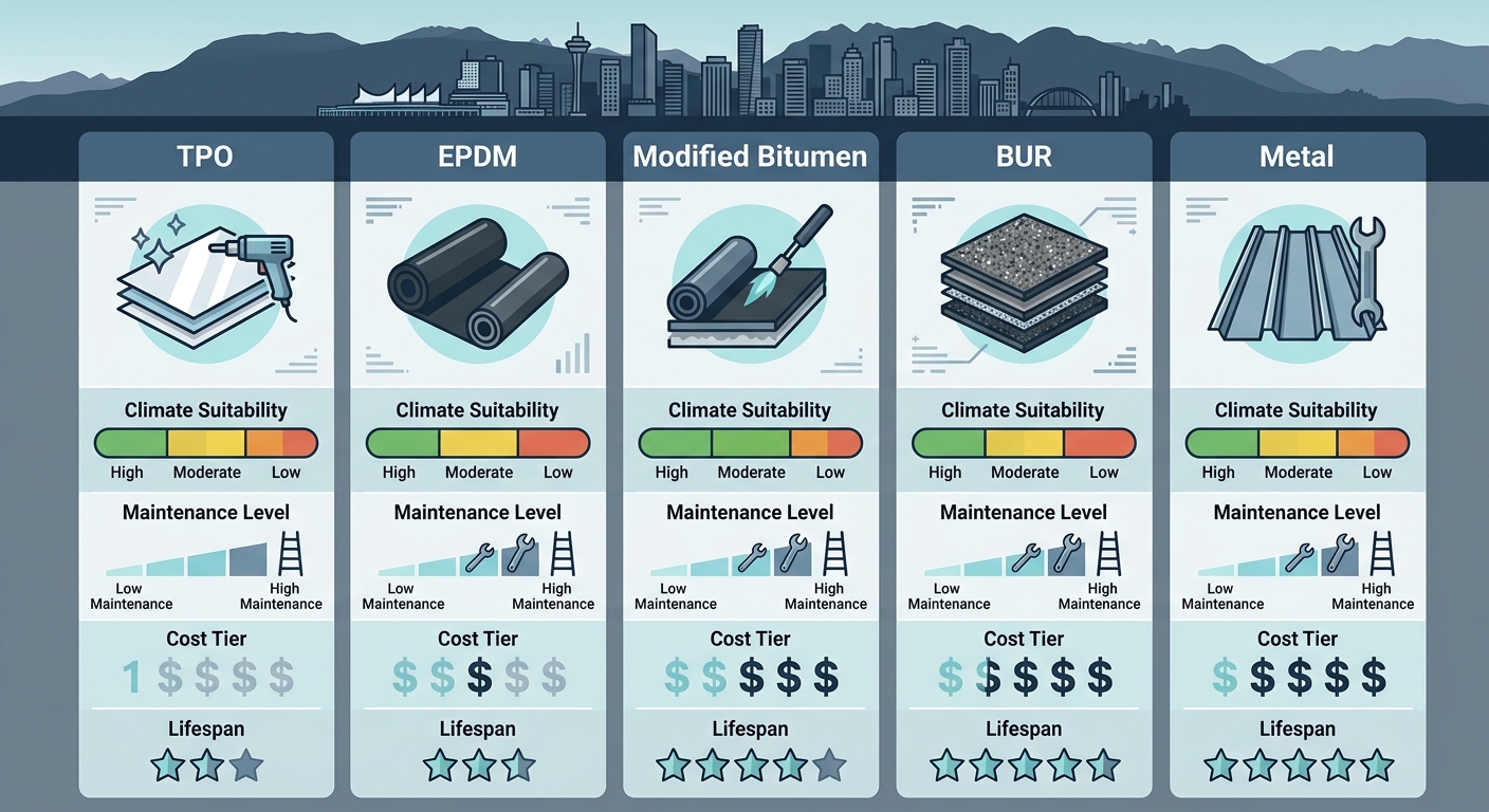 Infographic comparing five commercial roofing systems: TPO, EPDM, Modified Bitumen, BUR, Metal with climate suitability bars, maintenance levels, star ratings, and cost tiers, with Vancouver skyline silhouette at top
