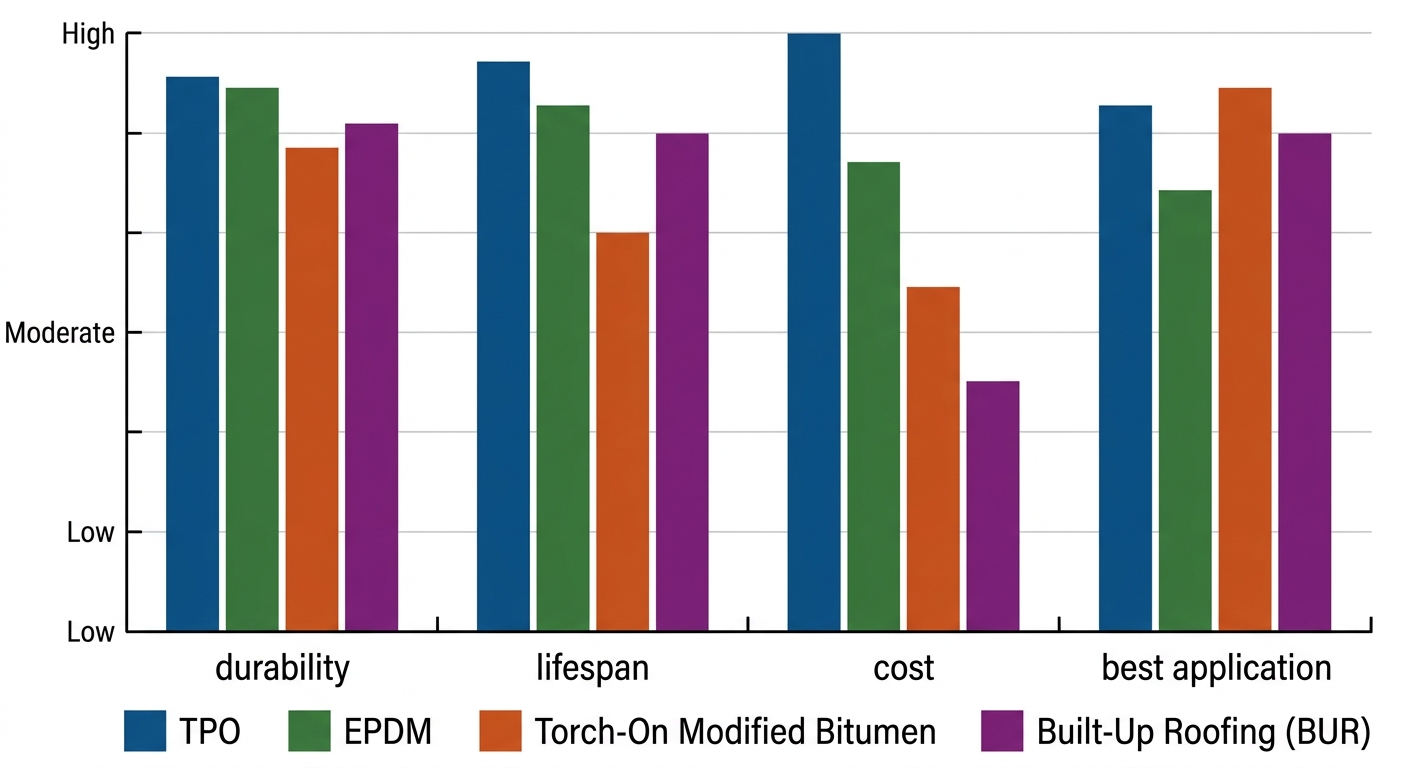 Side-by-side bar chart comparing TPO, EPDM, Torch-On Modified Bitumen, and Built-Up Roofing systems on durability, lifespan, cost, and application using colored bars and a legend.